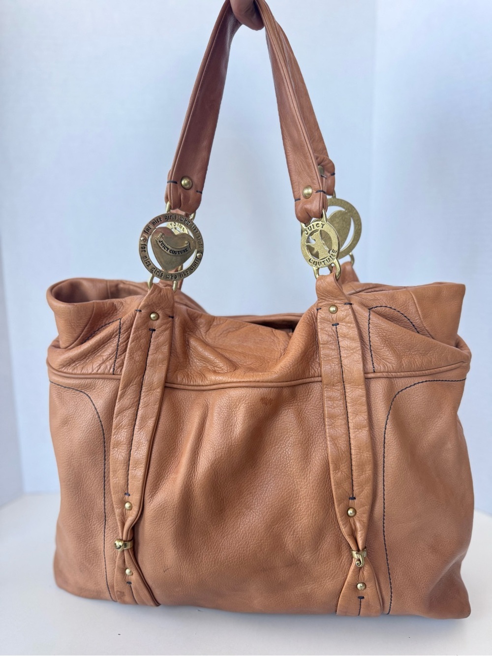 Vintage Y2K JUICY COUTURE Brown Tan Leather Hobo Tote Shoulder Bag Gold Logo Dog - Picture 5 of 16